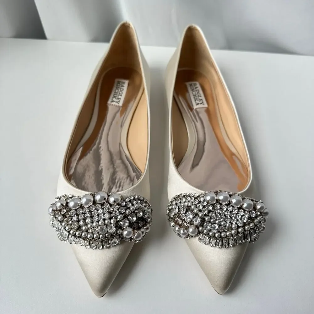 Badgley Mischka (9) Octavia Satin Ivory Embellished Flats - Bridal, Glam, Event - Picture 2 of 13